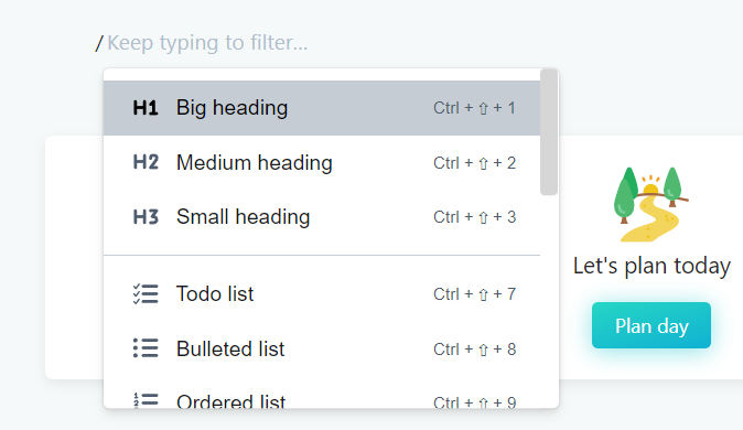 Using "/" shortcut for Markdown notes