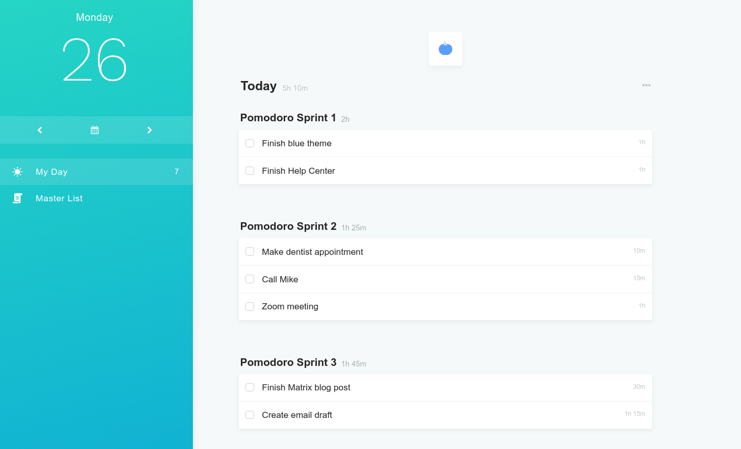 Today list split in 3 pomodoro sprints