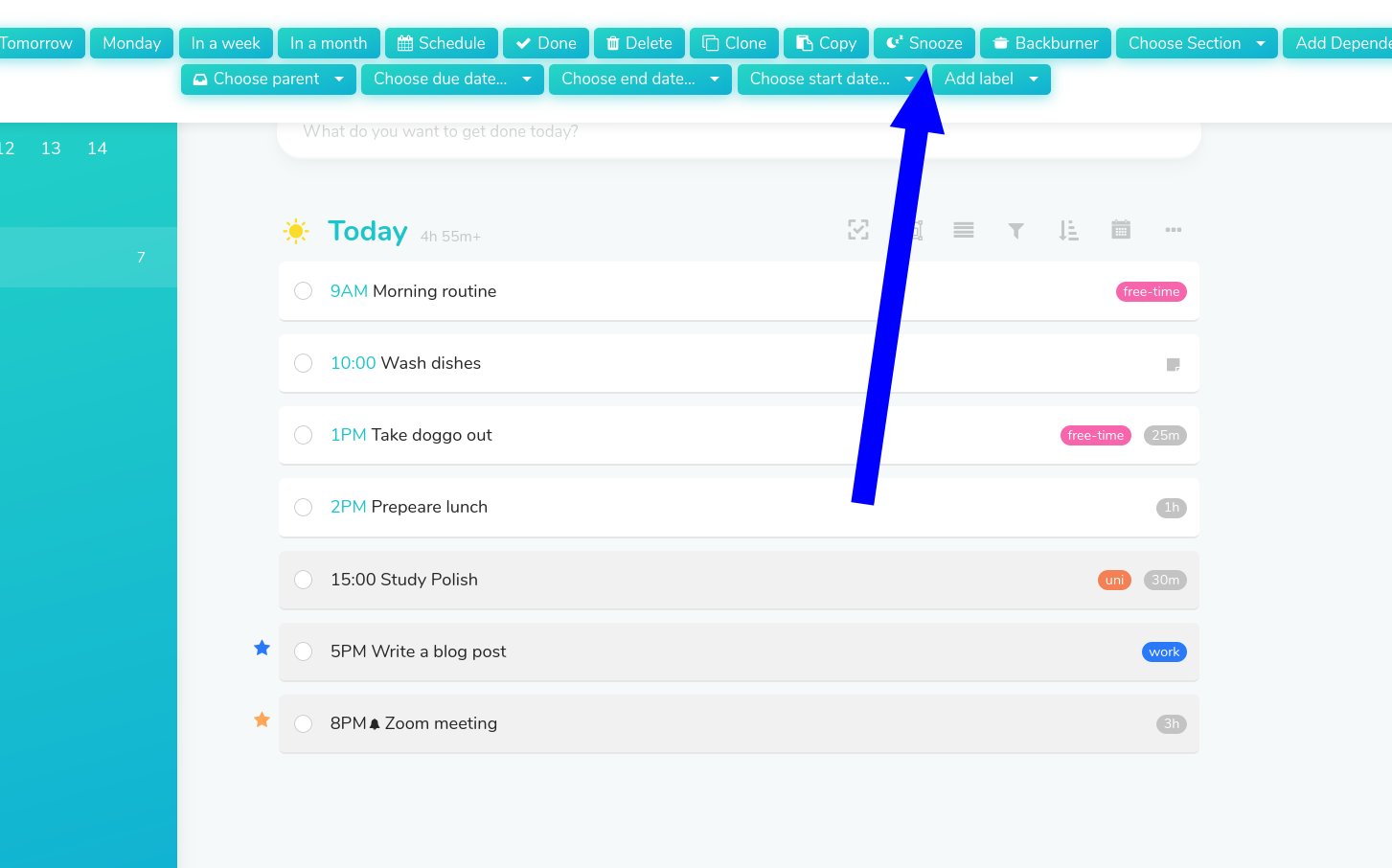 Using bulk edit menu to snooze a task