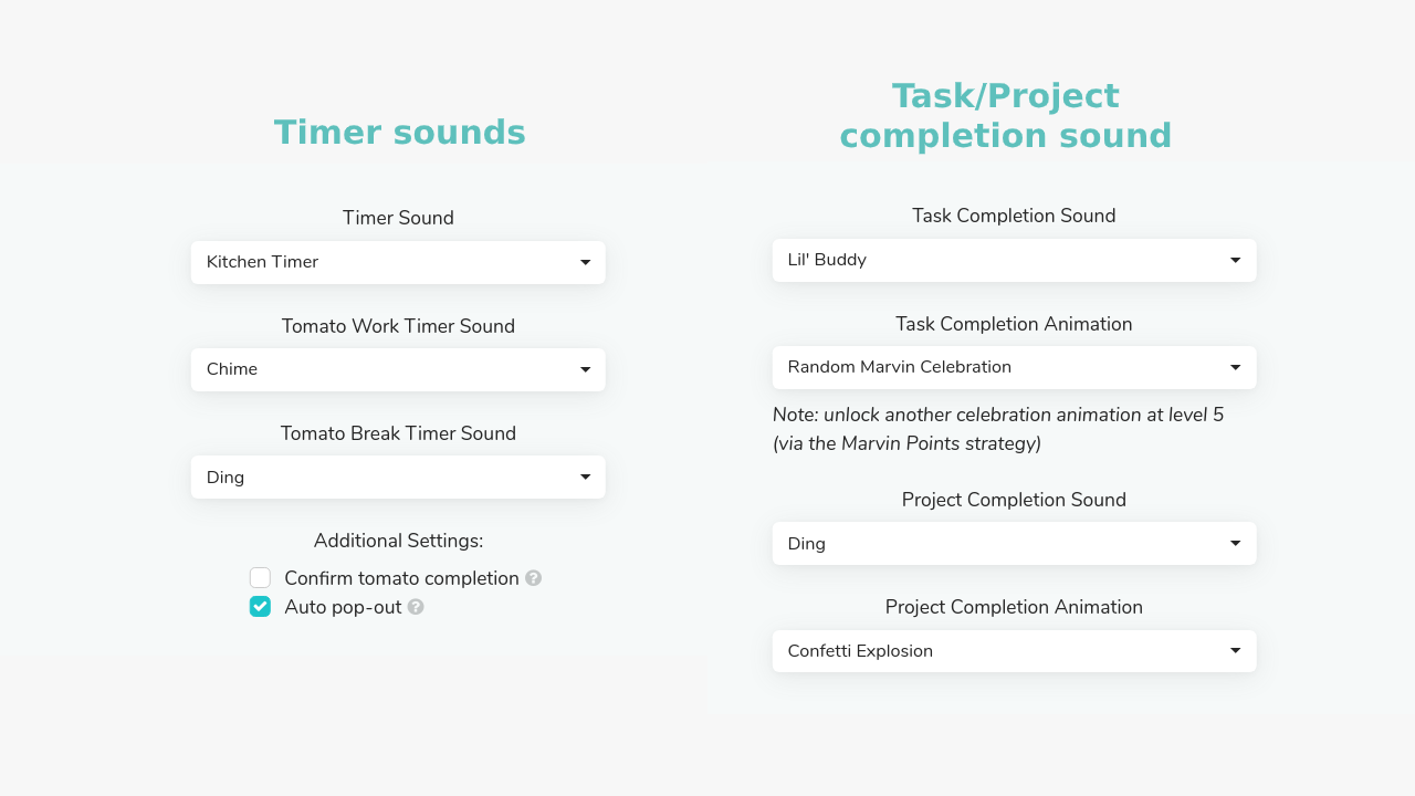 Sound settings for task/project completion and timers