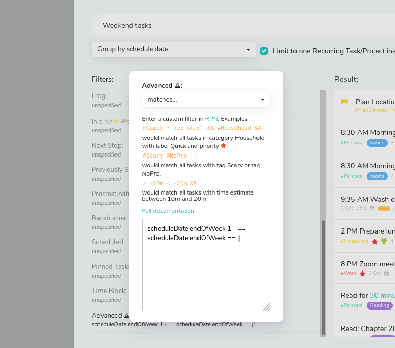 Advanced filter for tasks scheduled for the weekend