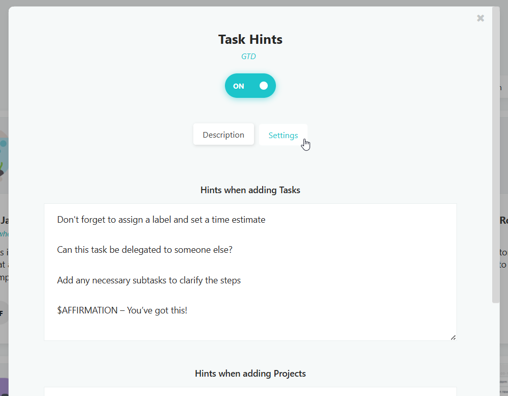 Setting up Task Hints