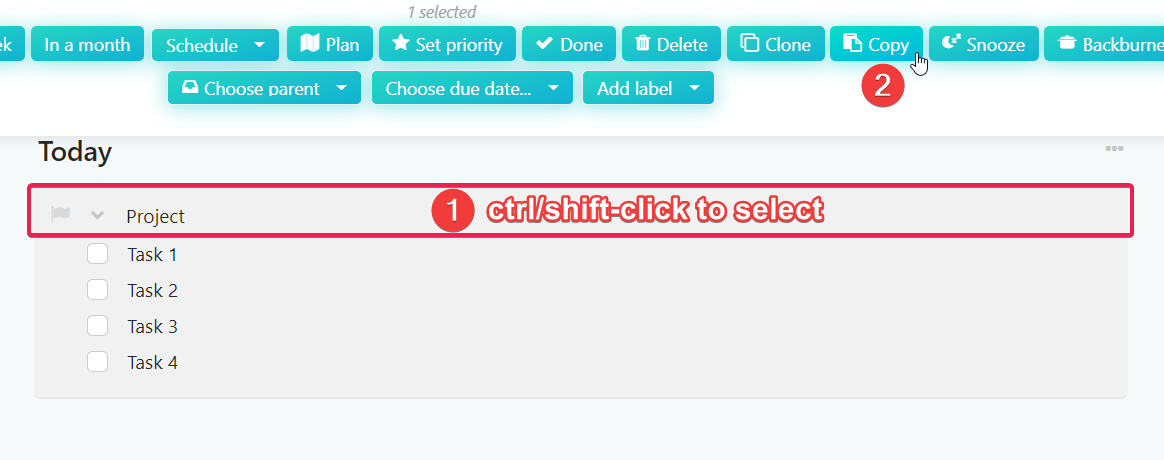 Using bulk editing menu to copy tasks