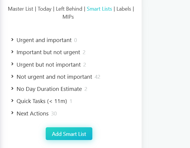 All Smart Lists tab in the planning sidebar