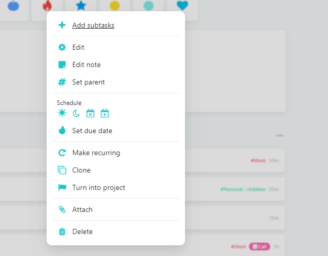 Right-click menu for a task