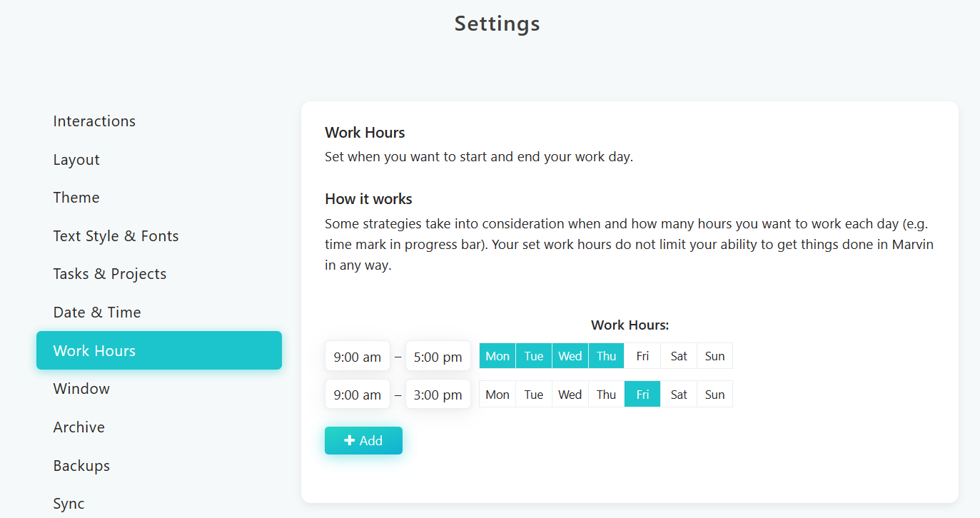 Setting work hours in settings